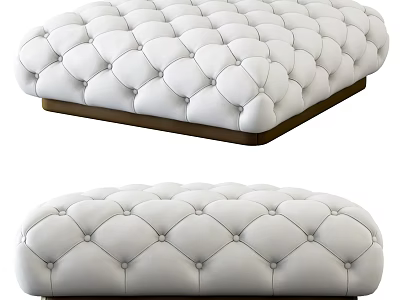 White Upholstered Tufted Ottoman Bench with Dark Wooden Base and Classic Design 3d model