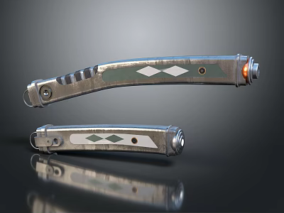 Silver Metal Folding Knife With Diamond Pattern Open And Closed Reflective Surface 3d model
