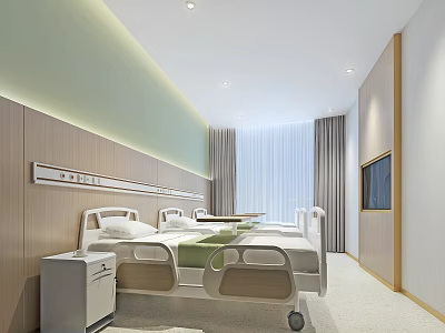 Modern Hospital Outpatient Ward With Two Beds Green Wall Decor Wooden Panels TV And Curtains 3d model