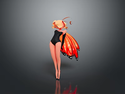 3D Rendering Of Fantasy Female Character With Black Bodysuit Hat And Orange Butterfly Wings 3d model