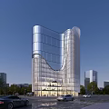 Modern Office Building With Glass Curtain Wall Unique Design And Greenery In Urban Area