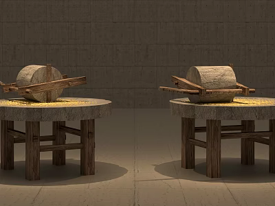 Garden Ornaments With Stone Mill On Round Stone Table And Wooden Legs 3d model