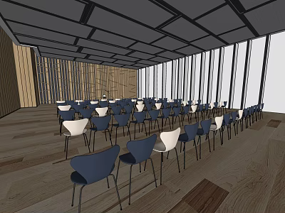 Modern Conference Room Interior With Blue White Chairs Wooden Flooring Grid Ceiling And Large Windows 3d model