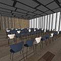 Modern Conference Room Interior With Blue White Chairs Wooden Flooring Grid Ceiling And Large Windows