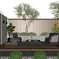Modern Courtyard Garden With Wooden Pergola Stone Path Water Feature And Outdoor Dining Set