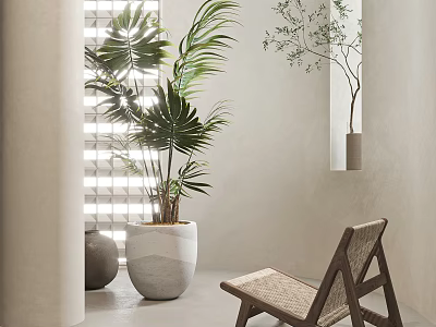 Modern Interior Featuring Large Potted Plants In White Pots With Wicker Chair And Window Blinds 3d model