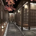 Japanese Restaurant Interior With Pink Cherry Blossoms White Lanterns Wooden Counter And Orange Seats