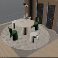 Modern Round Wooden Table with Green Chairs and White Stools on Beige Rug