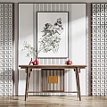 Chinese Modern Console Table Design With Wall Art Lattice Screens And Green Plant Vase