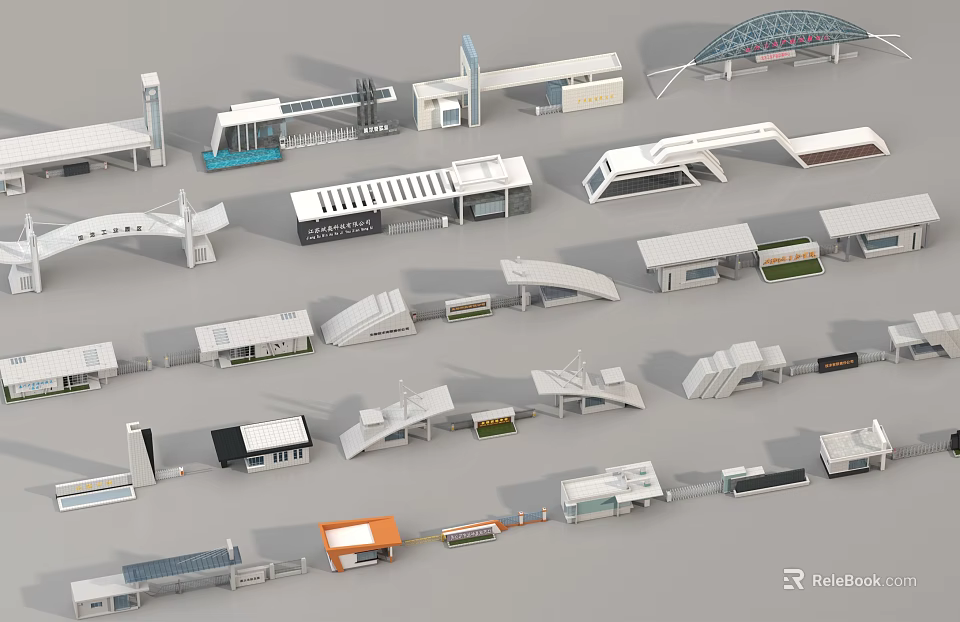 Diverse Modern Entrance Gate Designs Featuring Various Architectural Structures And Styles 3d model
