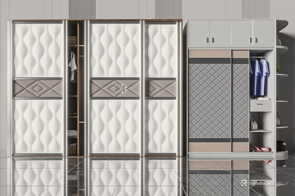 Modern Wardrobe With Sliding Textured Panels And Storage Compartments Design 3d model 