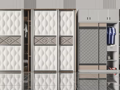 Modern Wardrobe With Sliding Textured Panels And Storage Compartments Design 3d model