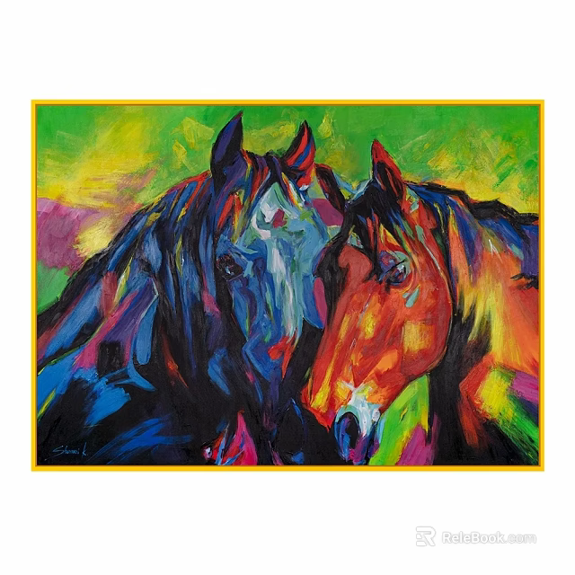 Vibrant Two Horses Painting Wall Decor With Yellow Frame And Colorful Background 3d model 