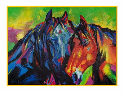 Vibrant Two Horses Painting Wall Decor With Yellow Frame And Colorful Background 3d model
