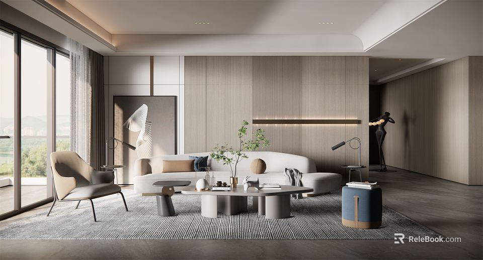 Modern Living Room Interior With White Sofa Coffee Tables And Decorative Plants 3d model 