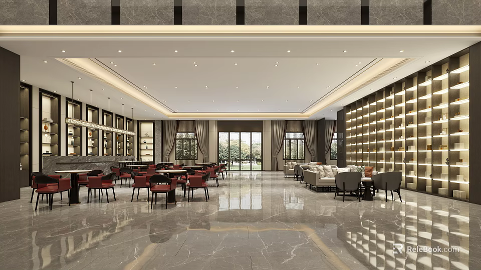 Modern Spacious Luxury Sales Office Interior With Glossy Marble Flooring And Comfortable Lounge Seats 3d model 