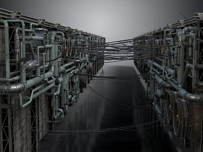Industrial Equipment Arrangement with Interconnected Pipes and Metal Structures in Facility 3d model