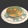 Fluffy Golden Pancakes with Melted Butter and Syrup on White Plate with Blue Floral Design