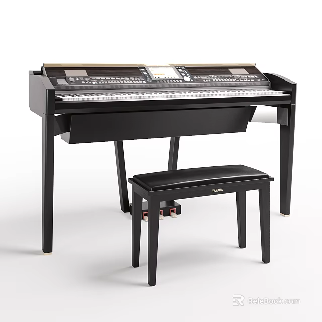 Black Electronic Piano with Control Panel Keyboard and Matching Stool for Musical Use 3d model 