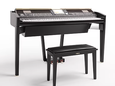 Black Electronic Piano with Control Panel Keyboard and Matching Stool for Musical Use 3d model