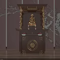 Traditional Carved Wooden Buddhist Shrine Cabinet With Golden Decor Buddha Statue And Candle Holders