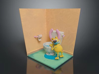 Cartoon Character Cleaning White Toilet With Toilet Paper In Bathroom Scene 3d model
