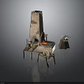 Rustic Workshop Scene Components With Stone Fireplace Wooden Tables Spinning Wheel And Tools