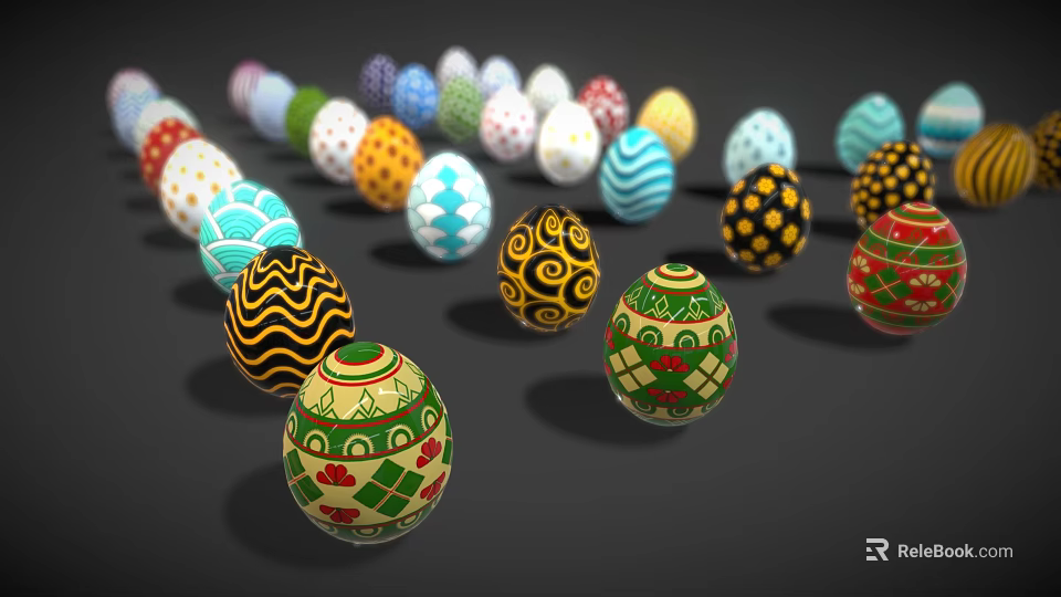 Colorful Decorative Easter Eggs With Rabbit And Chick Artwork Designs 3d model 
