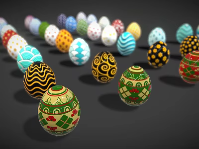 Colorful Decorative Easter Eggs With Rabbit And Chick Artwork Designs 3d model