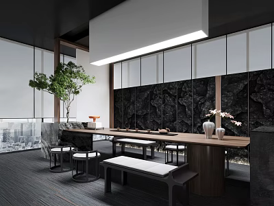 Modern Tea Room Interior With Wooden Table Greenery And City View 3d model