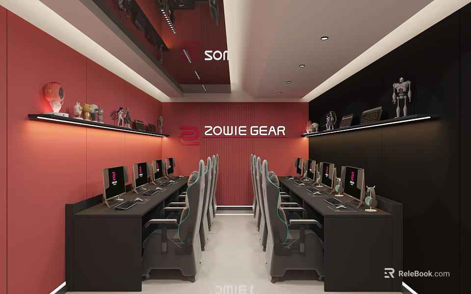 Esports Hotel Interior With Red And Black Walls Computers Chairs ZOWIE GEAR Logo And Decorations 3d model 