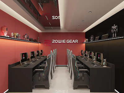 Esports Hotel Interior With Red And Black Walls Computers Chairs ZOWIE GEAR Logo And Decorations 3d model