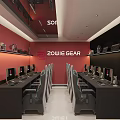 Esports Hotel Interior With Red And Black Walls Computers Chairs ZOWIE GEAR Logo And Decorations