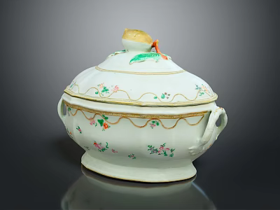 Ceramic Casserole with Lid Side Handles Colorful Floral Patterns White Base Gold Trim 3d model