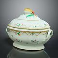 Ceramic Casserole with Lid Side Handles Colorful Floral Patterns White Base Gold Trim