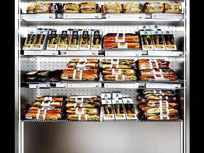 Retail Display Shelf With Organized Packaged Food Products On Multiple Layers 3d model