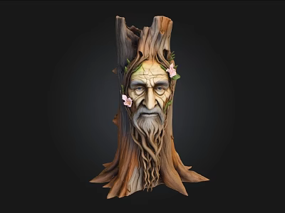 Wooden Tree Stump Sculpture With Carved Old Man Face And Green Vines Pink Flowers 3d model