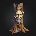 Wooden Tree Stump Sculpture With Carved Old Man Face And Green Vines Pink Flowers
