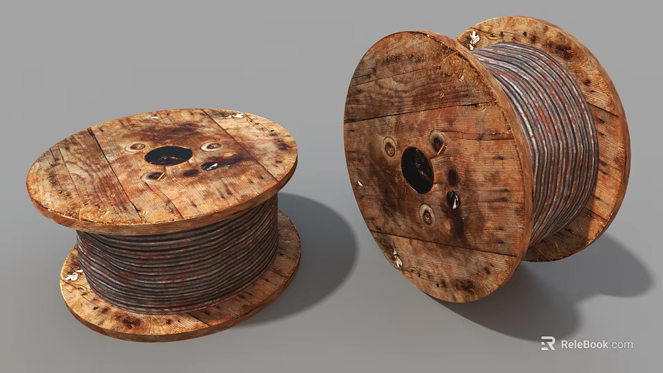 Industrial Equipment Featuring Vintage Wooden Cable Reels With Coiled Metal Wires 3d model 