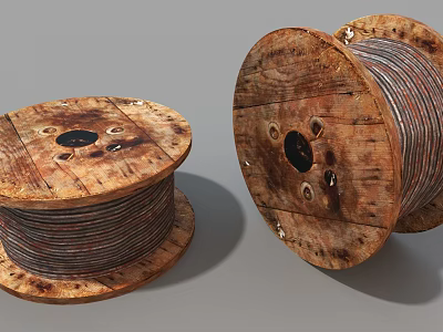 Industrial Equipment Featuring Vintage Wooden Cable Reels With Coiled Metal Wires 3d model