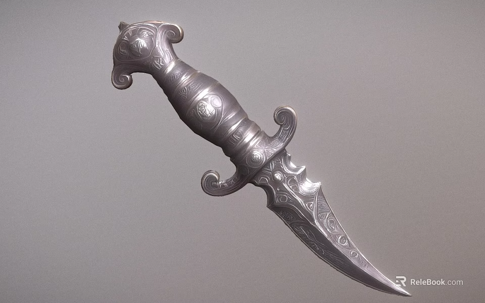 Silver Dagger with Intricate Carvings on Handle and Sharp Decorative Blade Design 3d model 