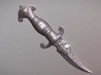 Silver Dagger with Intricate Carvings on Handle and Sharp Decorative Blade Design 3d model