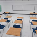 Scenic Window View In Classroom With Wooden Desks Blue Chairs And Whiteboard