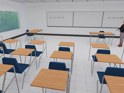 Scenic Window View In Classroom With Wooden Desks Blue Chairs And Whiteboard 3d model