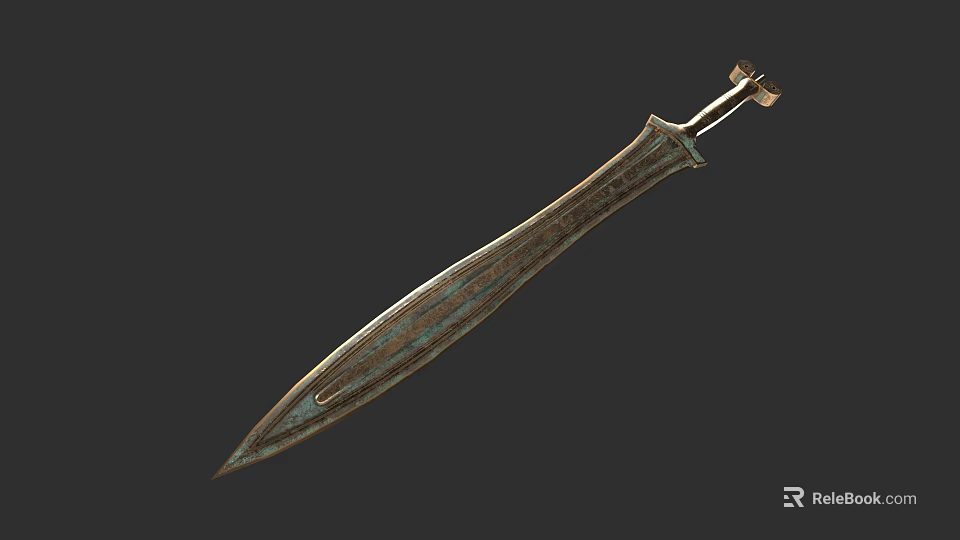 Ancient Textured Bronze Sword With Intricate Blade And Rustic Hilt Design 3d model 