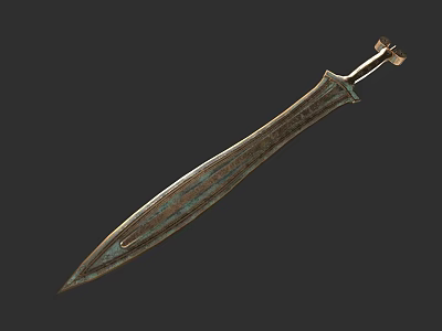 Ancient Textured Bronze Sword With Intricate Blade And Rustic Hilt Design 3d model