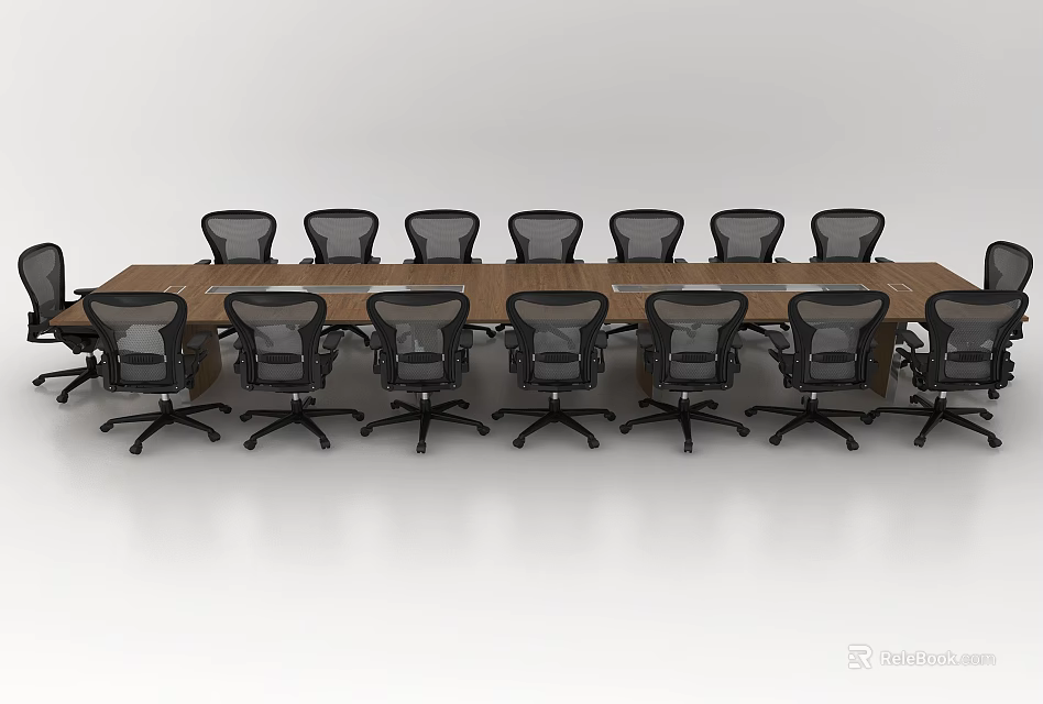 Modern Wooden Conference Table With Black Mesh Office Chairs In Meeting Room 3d model 