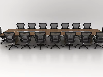 Modern Wooden Conference Table With Black Mesh Office Chairs In Meeting Room 3d model