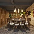 Warm Rustic Restaurant Interior With Wooden Tables Chairs Chandeliers And Indoor Tree
