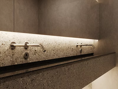 Modern Sleek Bathroom Faucet On Terrazzo Countertop With Gray Walls And Lighting 3d model